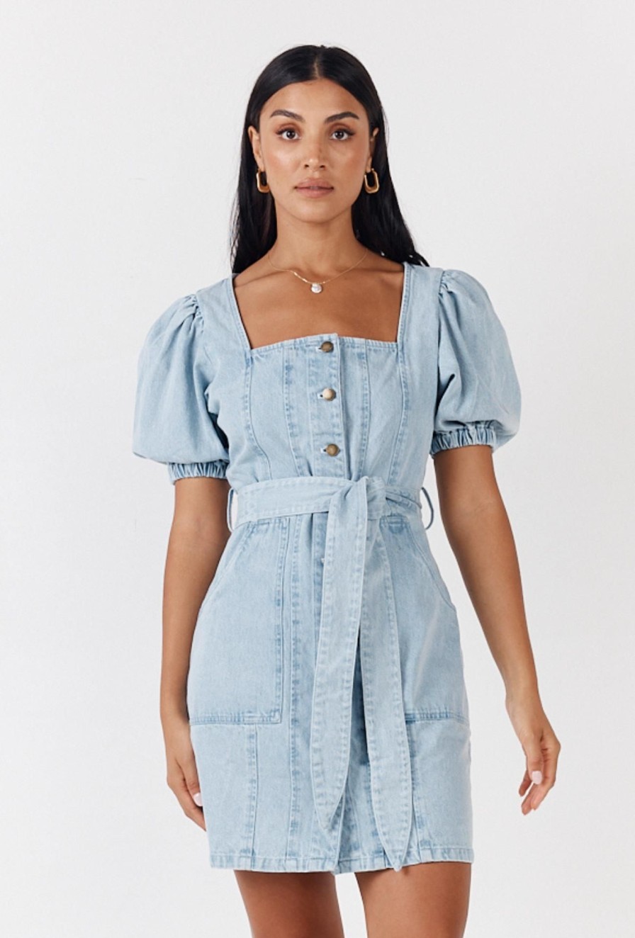 Women Girl and the Sun Denim | Tropics Mini Dress-Light Blue Wash