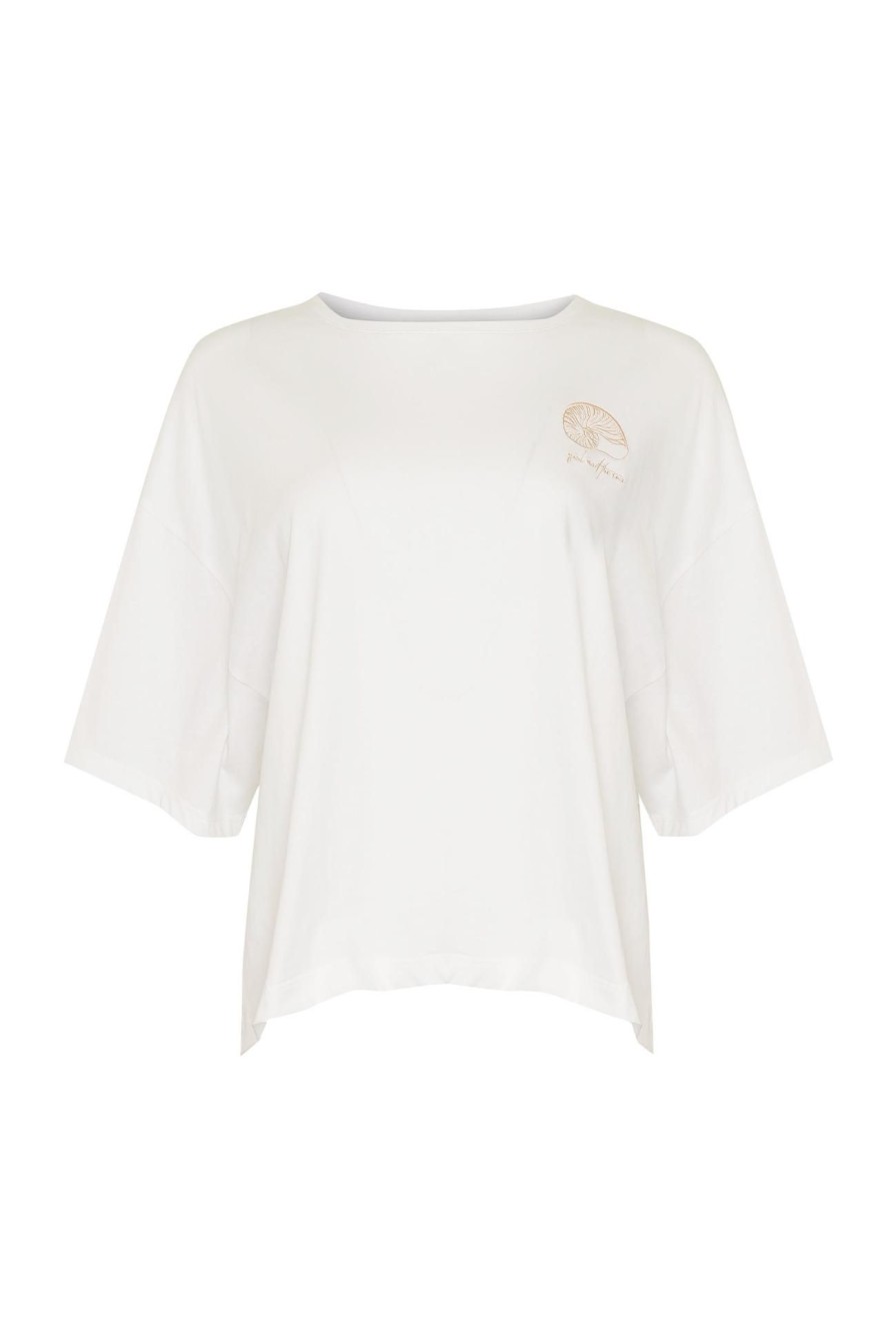 Women Girl and the Sun Tops | Shell Embroided Tee-Ivory & Nude