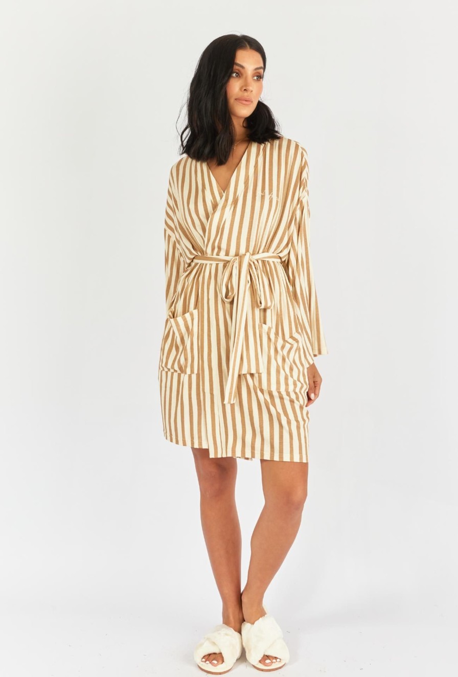 Women Girl and the Sun Tops | Carmen Short Robe-Brown Stripe