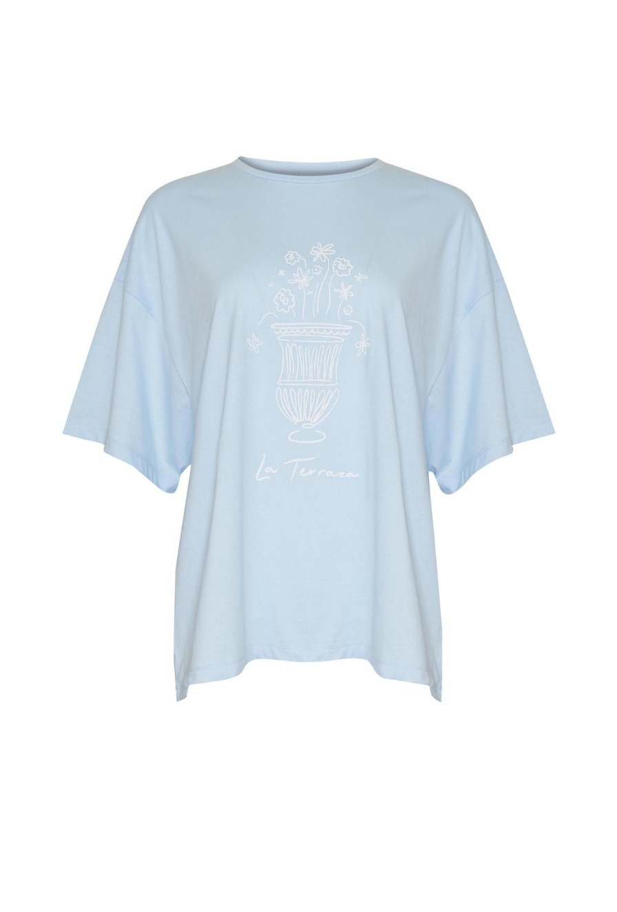 Women Girl and the Sun Graphic Tees | La Terraza Tee-Sky Blue