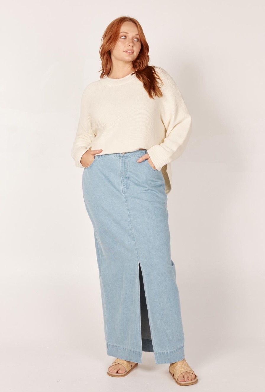 Women Girl and the Sun Bottoms | Melody Midi Skirt-Light Blue Wash