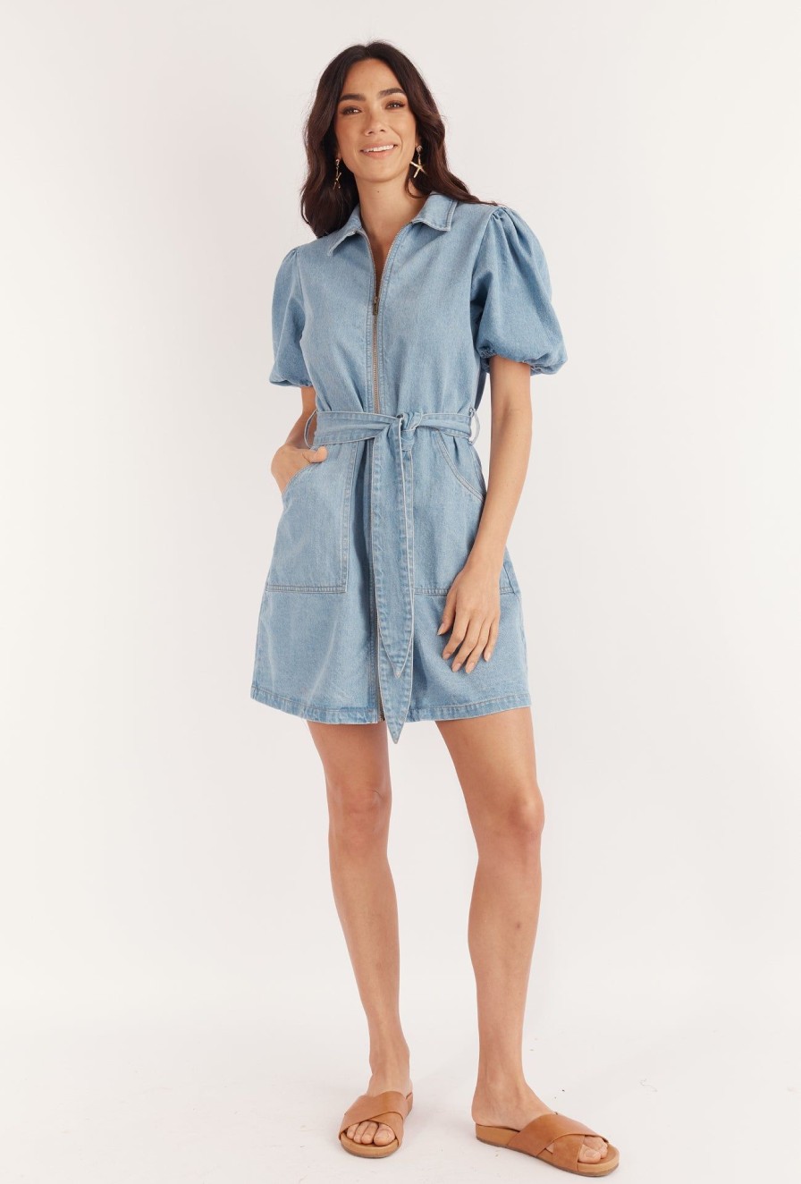 Women Girl and the Sun Denim | Avis Mini Dress-Blue Denim