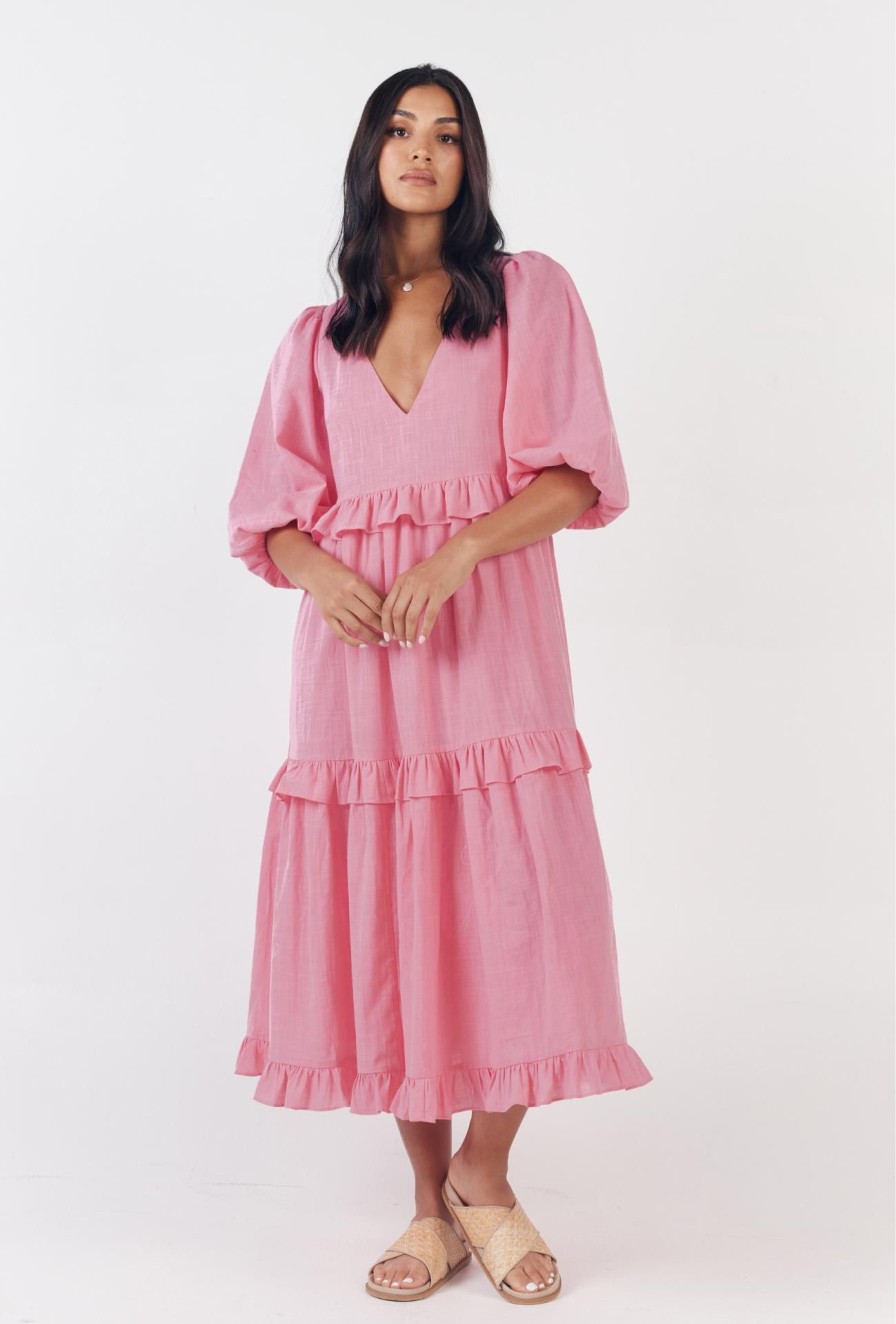 Women Girl and the Sun Dresses | Oceanside Midi Dress-Bright Pink